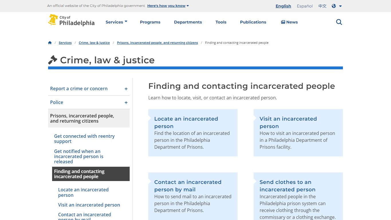 Finding and contacting incarcerated people - City of Philadelphia